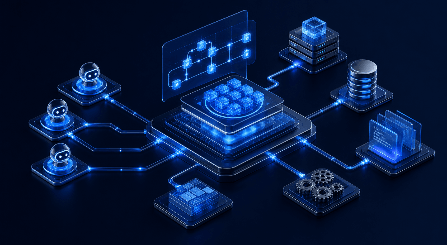 AI-generated visualization of coordinated workflow agents and enterprise services created for the F3Next case study