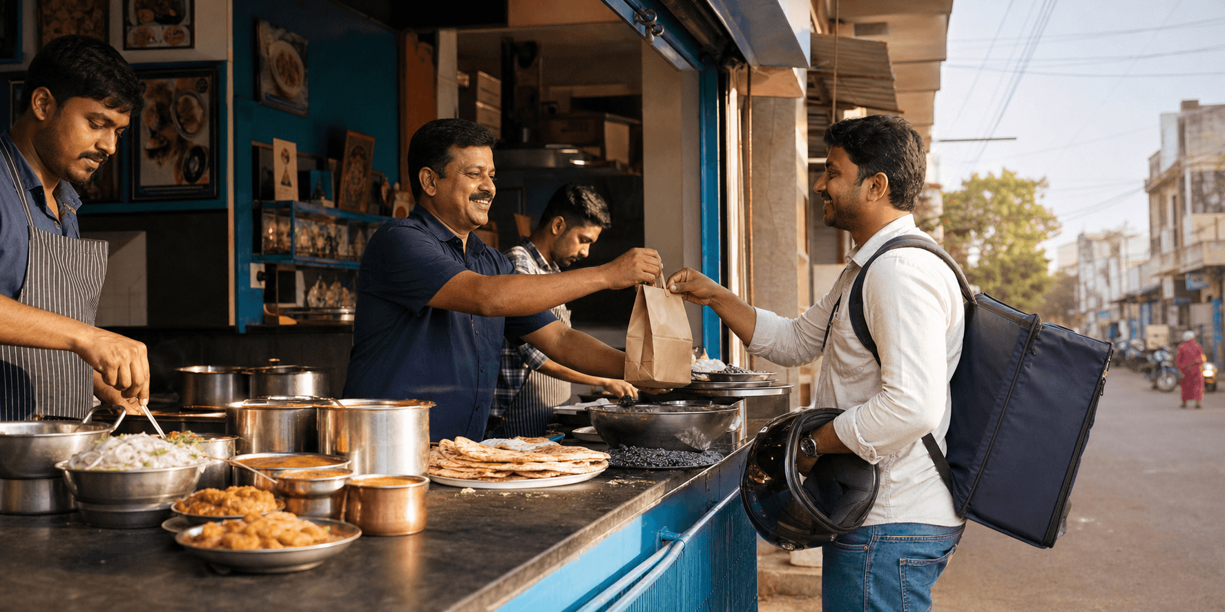 AI-generated Baramati restaurant and delivery scene created for the Food Mohalla case study